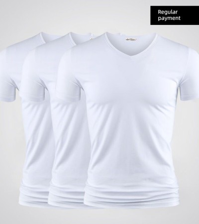 Modal男式纯色V领修身冰丝短袖衬衫