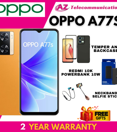 OPPO A77S 4G（8/128GB）：本地套装：2年保修：免费赠品（TEMPERGLASS、后盖、无线颈带、REDMI 10K移动电源、自拍杆）：！！。