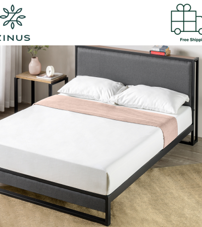 Zinus Christina Upholstered Platform Bed with Headboard Shelf  - Single , Super Single , Queen , King size