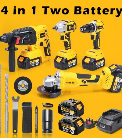 KEELAT 4-in-1 Brushless Cordless Impact Wrench Impact Drill Rotary Hammer Drill Angle Grinder Same Battery One Box Tool Set with 20V 4.0Ah Li-ion Battery